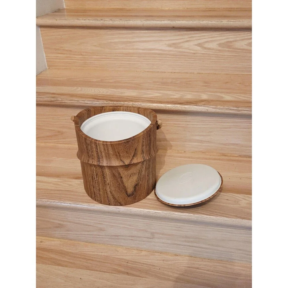 Vintage MCM Kraftware Faux Wood Ice Bucket with Bamboo Handle Made in USA